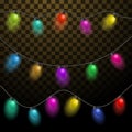 Set of multicolored garlands. Beautiful holidays decorations. Christmas lights on transparent background.