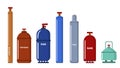 Set of multicolored gas cylinders cartoon style. Vector illustration of cylinders gas, air, fuel, propane and butane