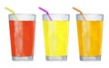 Watercolor set of multicolored glasses of fruit juice with a straws. Orange, yellow and red summer drinks