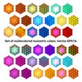 Set of multicolored isometric cubes from separate small cubes isolated on white.