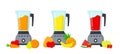 Set of multicolored juicers with juice cartoon style. Vector illustration of delicious juice made from carrot, apple, pear, orange Royalty Free Stock Photo