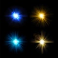 Set of multicolored light bursts with lens effect. Realistic colorful flash and glare. Vector template on transparent