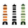 Set of multicolored lighthouse navigation object towers, template vector illustration isolated on white background