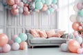 Set of multicolored metallic glossy balloons with strings in modern interior. Room decoration. For birthdays, parties