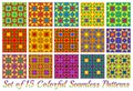 Set of 15 multicolored modern geometric seamless patterns with triangle and square shapes Royalty Free Stock Photo
