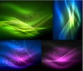 Set of multicolored neon smoke particles waves, vector abstract backgrounds, digital flow wave concept with particles in Royalty Free Stock Photo