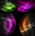 Set of multicolored neon smoke particles waves, vector abstract backgrounds, digital flow wave concept with particles in Royalty Free Stock Photo