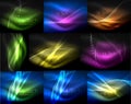Set of multicolored neon smoke particles waves, vector abstract backgrounds, digital flow wave concept with particles in Royalty Free Stock Photo