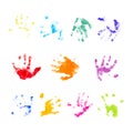 Set of multicolored paint prints of children palms on a white background Royalty Free Stock Photo