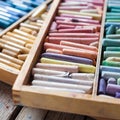 Set of multicolored pastel crayons in open wooden artist box