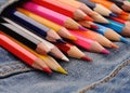 set of multicolored pencils in blue jeans pocket