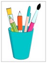 Set of multicolored school supplies. Stationery in a glass. Vector flat illustration with pencils, pen and brushes