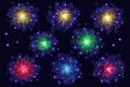 Set of multicolored sparkling vector fireworks