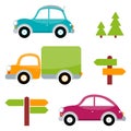 Set of multicolored toy cars with trees, arrows, pointers Royalty Free Stock Photo