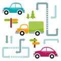 Set of multicolored toy cars with trees, arrows, pointers Royalty Free Stock Photo