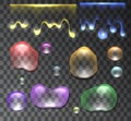 Set of multicolored transparent and flowing water drops Royalty Free Stock Photo