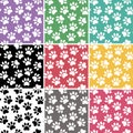 Set of multicolored vector backgrounds with paw print. Duplicate patterns and textures can be used for printing onto fabric, web