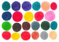 Set of multicolored watercolor circles of blue, red, yellow, green, orange and gray colors on white background Royalty Free Stock Photo