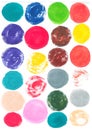 Set of multicolored watercolor circles of blue, red, yellow, green, orange and gray colors on white background Royalty Free Stock Photo