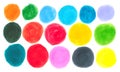 Set of multicolored watercolor circles of blue, red, yellow, green, orange and gray colors on white background Royalty Free Stock Photo
