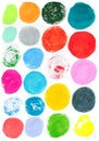 Set of multicolored watercolor circles of blue, red, yellow, green, orange and gray colors on white background Royalty Free Stock Photo