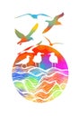 Abstract graphic object seagulls and colored sea. Vector illustration Royalty Free Stock Photo