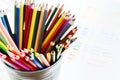 Set of multicolored wooden pencils and color palette Royalty Free Stock Photo