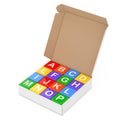 Set of Multicolour Alphabet Toy Cubes in Carton Box. 3d Rendering