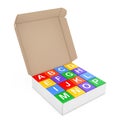 Set of Multicolour Alphabet Toy Cubes in Carton Box. 3d Rendering