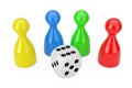 Set of Multicolour Board Game Pawn Figures Mockup with White Game Dice Cube. 3d Rendering
