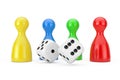 Set of Multicolour Board Game Pawn Figures Mockup with White Game Dice Cubes. 3d Rendering