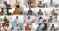 Set of multicultural business people using laptop, collage Royalty Free Stock Photo