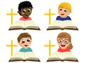 Set of multicultural happy kids reading religion book next to christian cross symbol on white