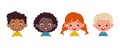 Set of multicultural kid boy and girl heads. Children peeking out. Cartoon child characters. Vector illustration