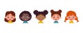 Set of multicultural kid girl heads. Children peeking out. Cartoon child characters. Vector illustration