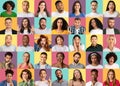 Set of multiethnic men and women portraits over colorful studio backgrounds, creative collage. Diverse society concept Royalty Free Stock Photo