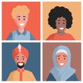 Set of multiethnic people avatars vector flat illustration. Happy smiling Arabic, European and African characters.