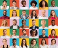 Set of multiethnic people faces showing various emotions to camera, posing on colorful backgrounds. Generation diversity Royalty Free Stock Photo