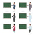 Set of the multiethnic teachers explains the lesson by pointing