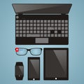 Set of multimedia devices. Laptop, smart glasses, smart watches, tablet, smartphone. vector illustration, top view.