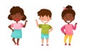 Set of multiracial children waving their hands in greeting. Boys and girls standing with hand raised cartoon vector Royalty Free Stock Photo