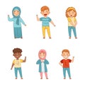 Set of multiracial happy children waving their hands in greeting cartoon vector illustration Royalty Free Stock Photo