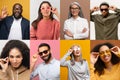Set of multiracial people wearing different glasses and sunglasses isolated on color backgrounds Royalty Free Stock Photo