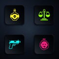 Set Murder, Poison in bottle, Pistol or gun and Scales of justice. Black square button. Vector