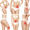 Set of muscle pain in different parts female body Royalty Free Stock Photo