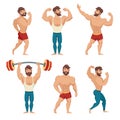 Set of muscular, bearded mans vector illustration. Fitness models, posing, bodybuilding