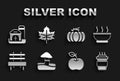 Set Mushroom, Bowl of hot soup, Coffee cup to go, Apple, Bench, Pumpkin, Farm house and Leaf or leaves icon. Vector