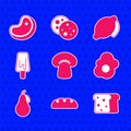 Set Mushroom, Bread loaf, toast, Scrambled egg, Pear, Ice cream, Lemon and Steak meat icon. Vector