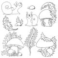 Set mushroom edible porcini and surprised snail sketch black outline different elements isolated