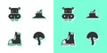 Set Mushroom, Hippo or Hippopotamus, Hunter boots and Tree stump icon. Vector